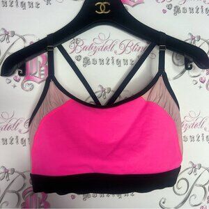 Victoria’s Secret sports bra neon pink with Rutching racer back strapping logo